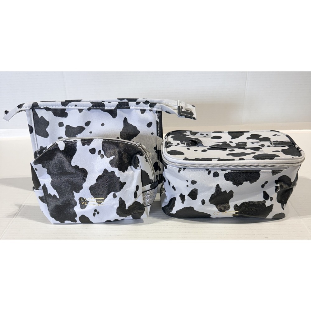 Set of 3 Cow Print Faux Leather Makeup Bags - Black & White - NEW‎